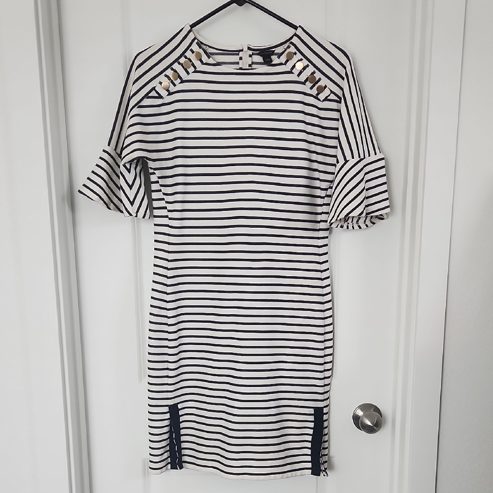 Striped Black and White Dress with Gold Accents
